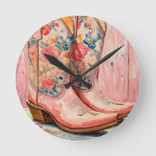 Horloge Ronde Bottes de cowgirl rose floral Vintage occidental