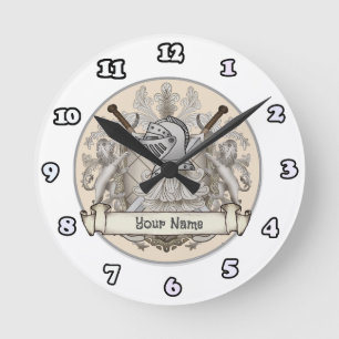 Horloge Ronde Bouclier de chevalier sépia Nom de famille