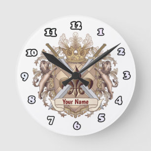 Horloge Ronde Bouclier de Lion Griffin Nom de famille