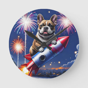 Horloge Ronde Bouledogue français Nouvel An amusant fusée
