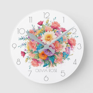 Horloge Ronde Bouquet de fleurs aquarelle pastel personnalisé
