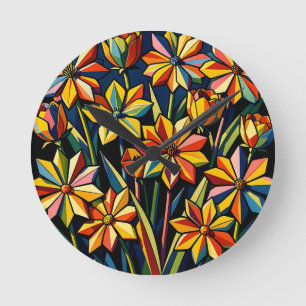Horloge Ronde Bouquet de fleurs arc-en-ciel géométrique vibrant