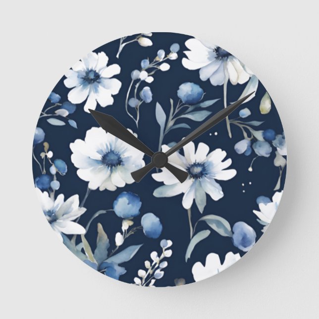 Horloge Ronde Bouquet de fleurs Elégante aquarelle Bleu (Recto)