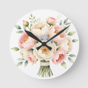 Horloge Ronde Bouquet de pivoines romantique avec bague en diama