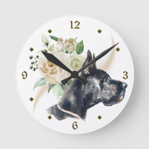 Horloge Ronde Bouquet de Rose blanche Grand chien Danse