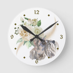 Horloge Ronde Bouquet de rose blanche Schnauzer Chien