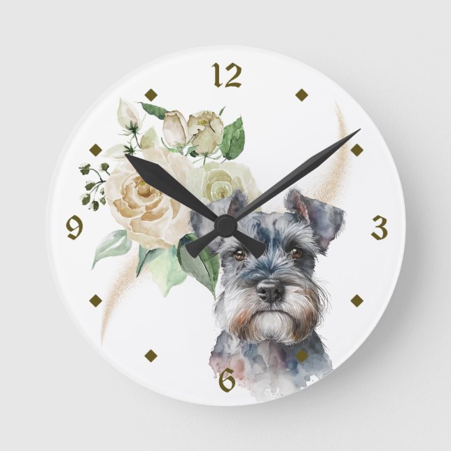 Horloge Ronde Bouquet de rose blanche Schnauzer Chien (Recto)