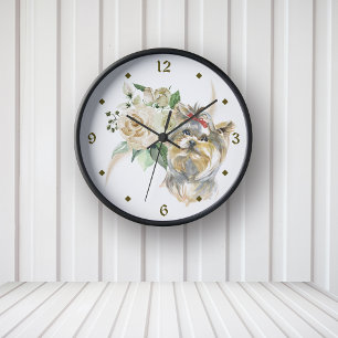 Horloge Ronde Bouquet de rose blanche Yorkshire Terrier Chien