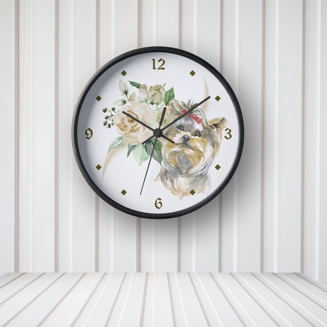 Horloge Ronde Bouquet de rose blanche Yorkshire Terrier Chien (Créateur téléchargé)
