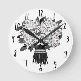 Horloge Ronde Bouquet de roses crâniennes noir et blanc de toute