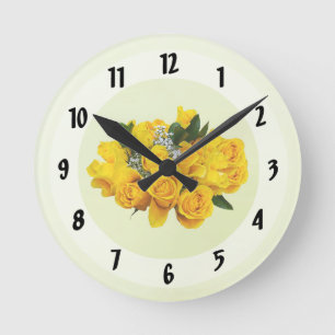 Horloge Ronde Bouquet de roses jaunes et de gypsophile