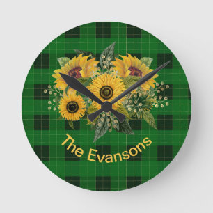 Horloge Ronde Bouquet de tournesol ensoleillé sur Plaid vert