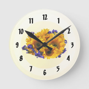 Horloge Ronde Bouquet de tournesols et de statice pourpre