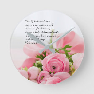 Horloge Ronde Bouquet rose pastel de fleurs Bible Verse