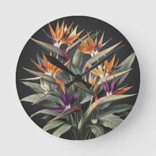 Horloge Ronde Bouquet tropical dramatique d'oiseau de paradis