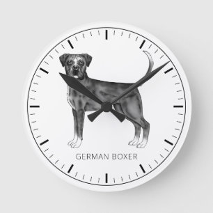 Horloge Ronde Boxer allemand en noir et blanc & Texte personnali
