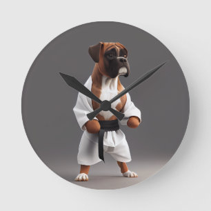Horloge Ronde Boxer Dog Jouer Karate, Boxer Dog Karate Joueur