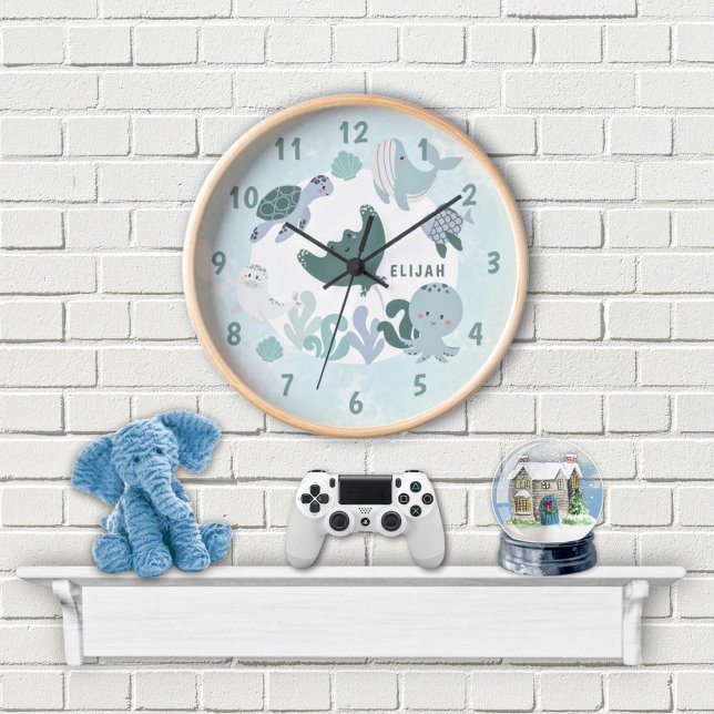 Horloge Ronde Boys Blue Under The Sea Ocean Animals & Name Kids (Créateur téléchargé)
