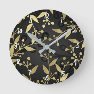 Horloge Ronde Branches Botanique Moderne Rustique Or & Noir