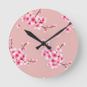 Horloge Ronde Branches de fleurs de cerisier rose motif