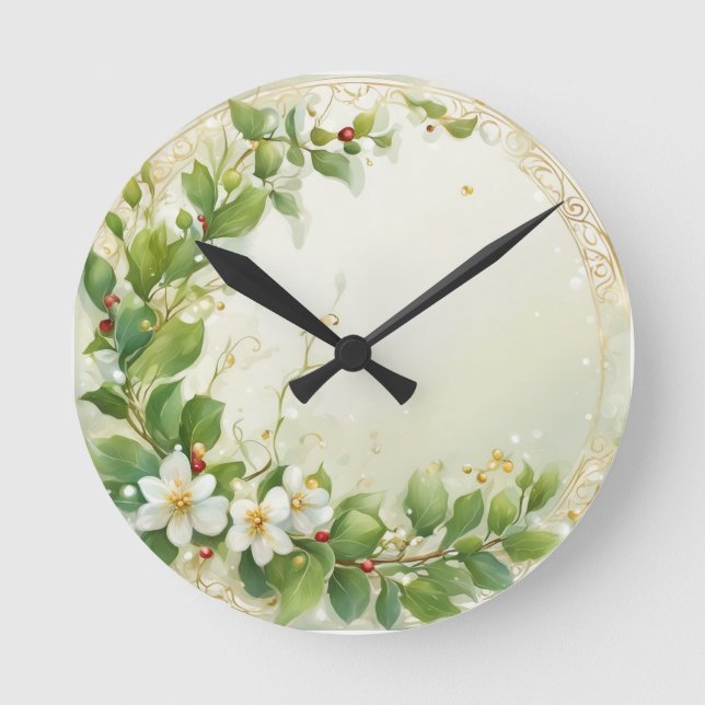 Horloge Ronde Branches de gui, peinture pastel aquarelle (Recto)