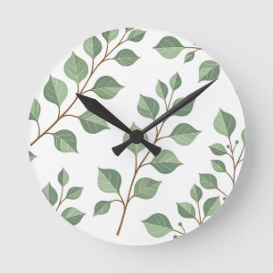 Horloge Ronde Branches Feuillues Vert Sage Aquarelle Botanique
