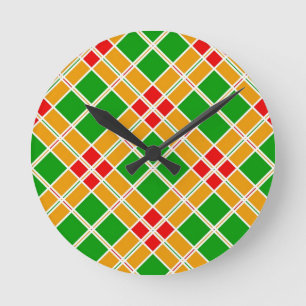 Horloge Ronde Bright Argyl rouge vert jaune motif accessoire
