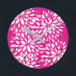 Horloge Ronde Bright Hot Pink Modern Floral Personalized<br><div class="desc">Customize with any text.</div>