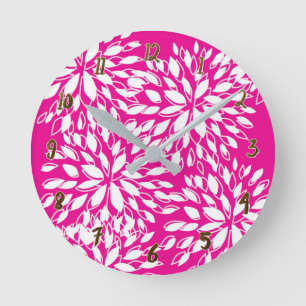 Horloge Ronde Bright Hot Pink Modern Floral Personalized