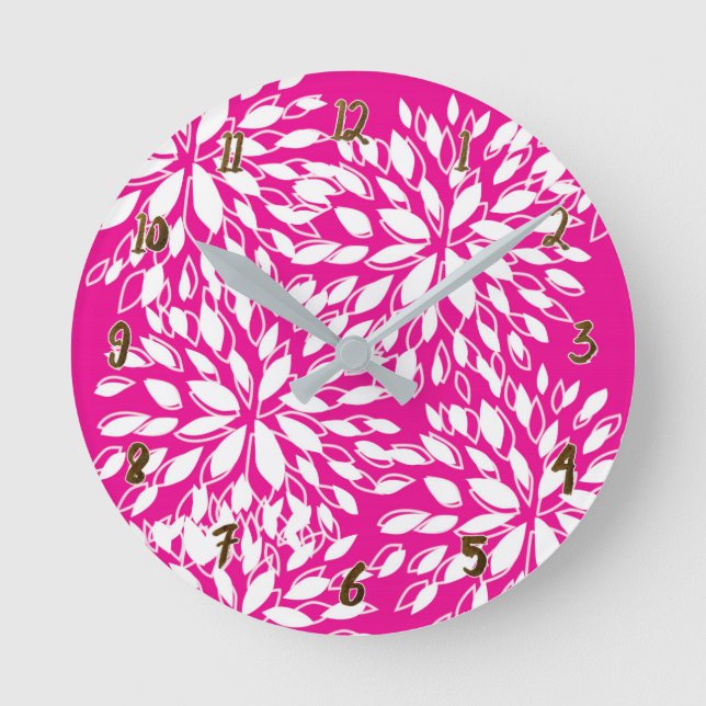 Horloge Ronde Bright Hot Pink Modern Floral Personalized (Recto)