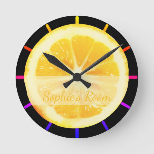 HORLOGE RONDE BRIGHT QUIRKY COLORFUL LEMON CITRUS FRUIT SLICED