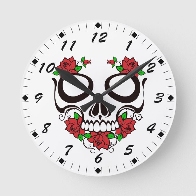 Horloge Ronde Bright Red Flowers Green Leaves Sugar Skull (Recto)