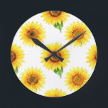 Horloge Ronde Bright Sunflower Watercolor Seamless Pattern<br><div class="desc">Radiant joy in full bloom! This cheerful,  hand-painted watercolor pattern bursts with large,  golden sunflowers against crisp white,  each bloom detailed with warm amber centers,  soft petals,  and fresh green leaves. A timeless,  uplifting floral design that brings instant summer happiness and sunshine vibes.</div>