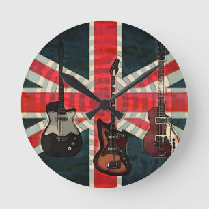 Horloge Ronde British Union Jack Flag Rock Roll Electric Guitar