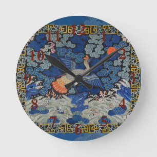 Horloge Ronde Broderie chinoise bleu d'oiseau Vintage