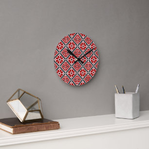 Horloge Ronde Broderie Ethnique Slave, Balkanique Traditionnelle