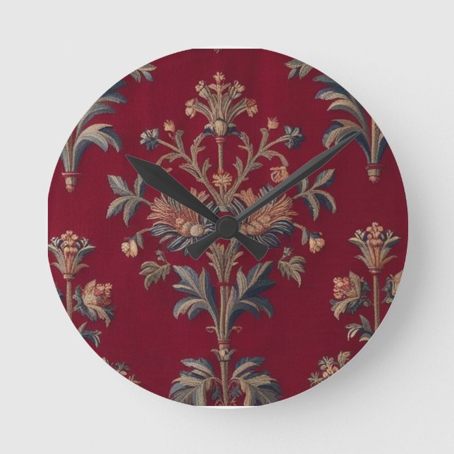 Horloge Ronde  broderie medievale fleurie en rouge bordeaux (Recto)