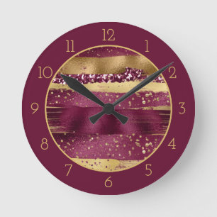 Horloge Ronde Brosse bordeaux et or moderne avec bordure