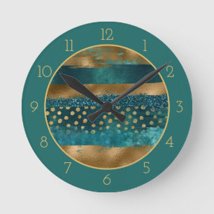 Horloge Ronde Brosse turquoise et or moderne avec bordure