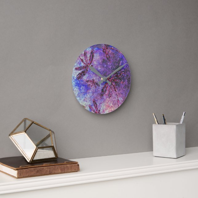 Horloge Ronde Brouillard de libellule violet (Bureau)
