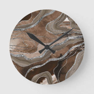 Horloge Ronde Brown Marbre Agate Parties scintillant argent Glam