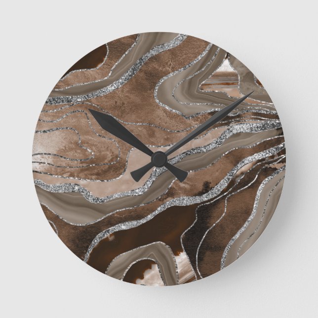 Horloge Ronde Brown Marbre Agate Parties scintillant argent Glam (Recto)