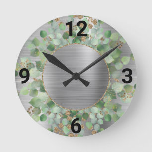 HORLOGE RONDE BRUSHED SILVER BOTANICAL EUCALYPTUS WALL CLOCK