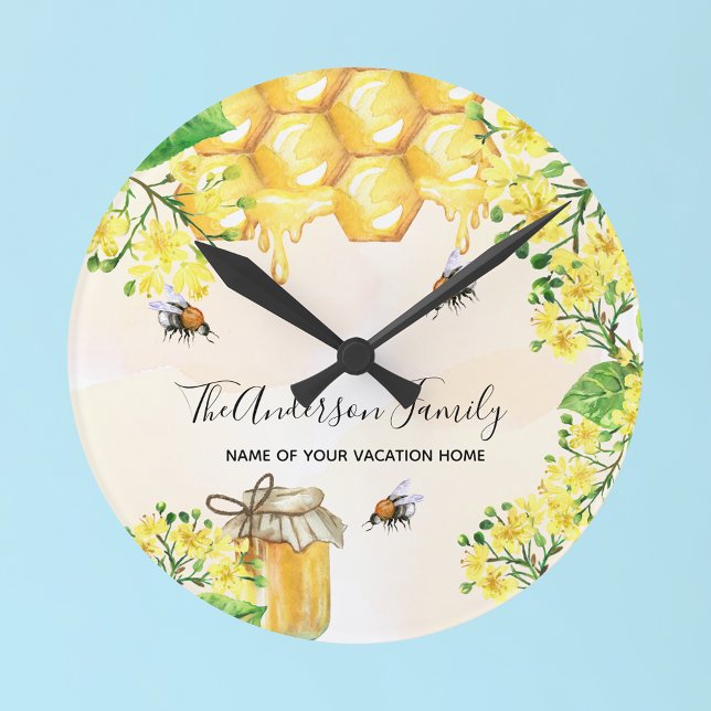 Horloge Ronde Bumble abeilles miel florales jaunes famille monog (Créateur téléchargé)