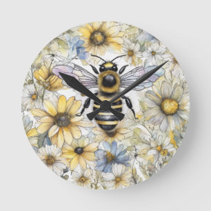 Horloge Ronde Bumble Bee printanier peint à la floraison.