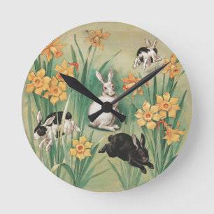 Horloge Ronde Bunnies mignons aux fleurs de jonquille Antique Pâ