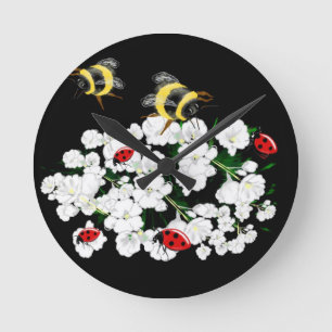 Horloge Ronde Bureaux d'abeilles dramatiques et fleurs blanches