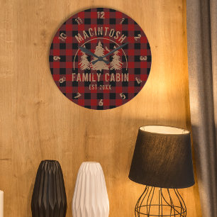 Horloge Ronde Cabine Nom De Famille Red Buffalo Plaid Large Horl