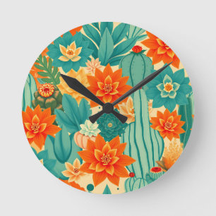 Horloge Ronde Cactus fleuri désert orange sarcelle