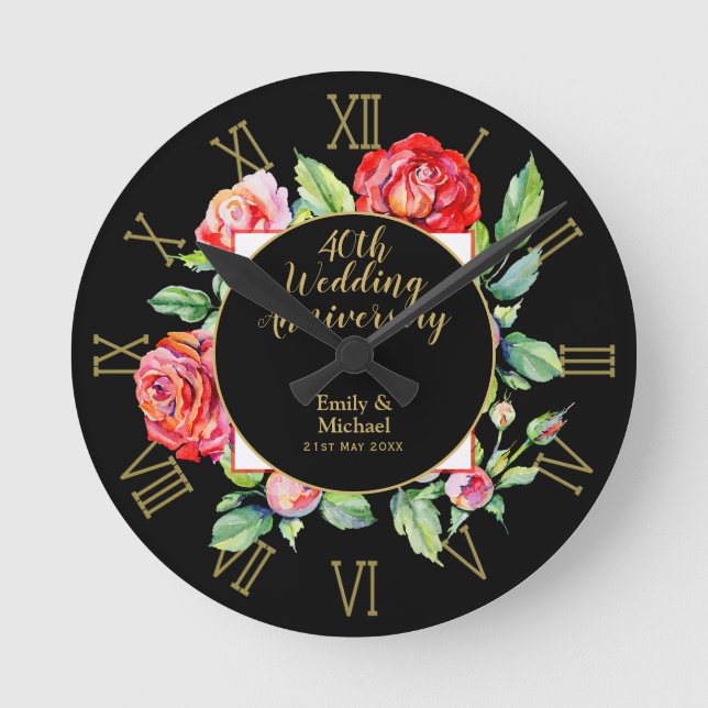 Horloge Ronde Cadeau 40e anniversaire de mariage - Roses rouges  (Recto)